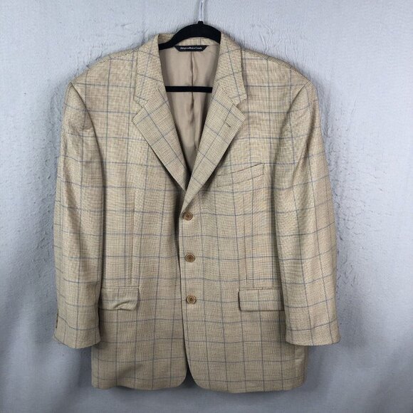 Emernegildo Zegna Sport Coat Mens 44R Tan Blue Plaid Windowpane Wool Coppley